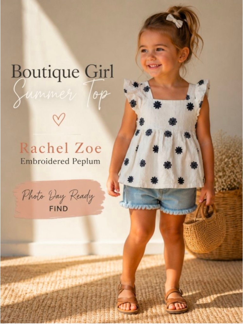Rachel Zoe Girls 4 White Black Embroidered Flutter Sleeve Peplum Top